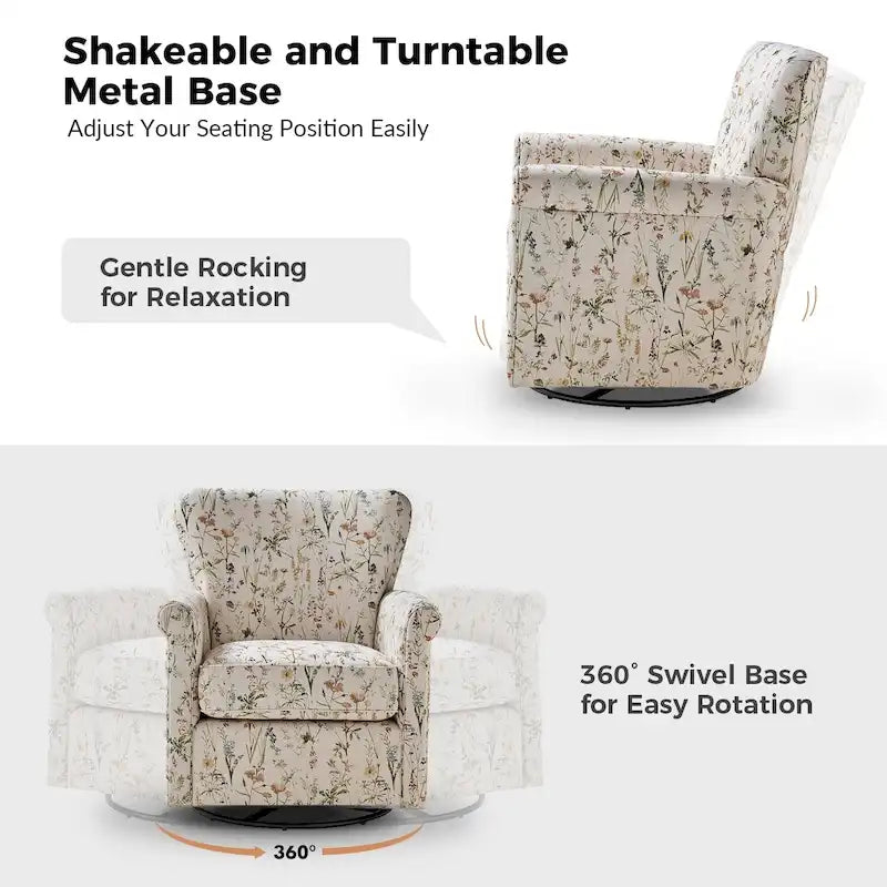 Georg Comfortable Floral Fabric Swivel Rocker Chair with Rolled Armrest by HULALA HOME 32
