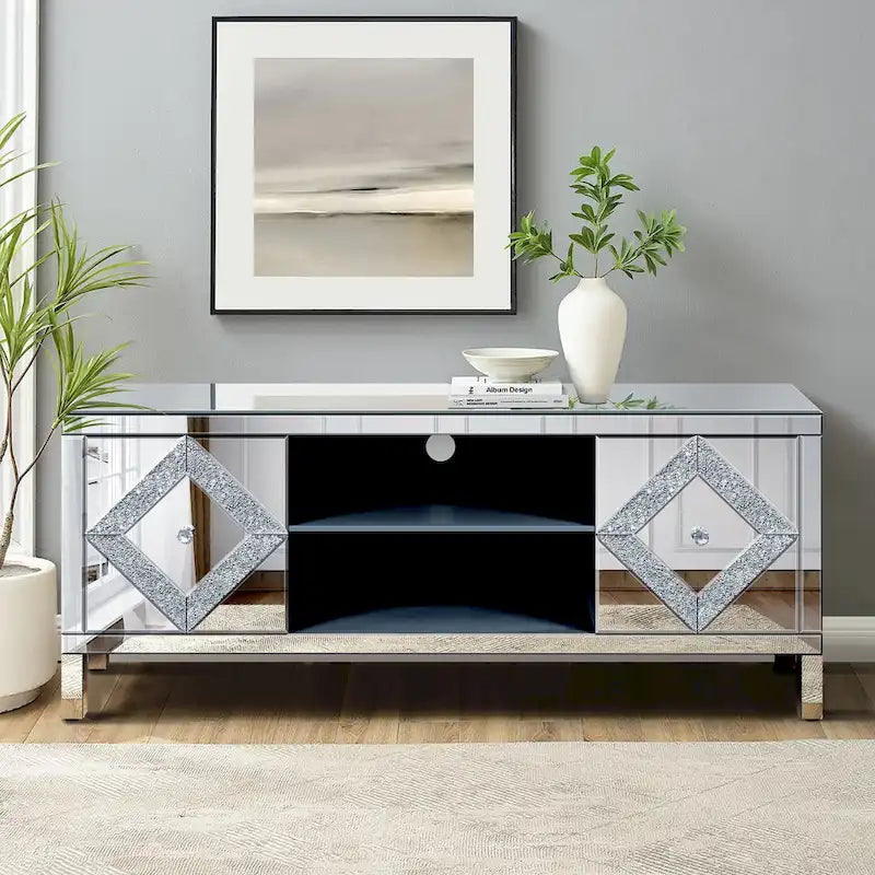 59 TV Stand with Diamond-Shaped Mirror Doors and Storage for TVs Up to 65 4