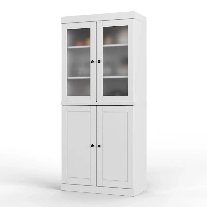 100% Solid Wood Pantry Cabinet with Frosted Glass Doors, Solid Doors, 2-Drawers and Adjustable Shelves 7