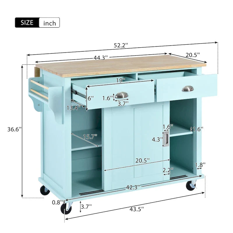 Kitchen Cart with Rubber wood Drop-Leaf Countertop, Concealed sliding barn door adjustable height,Kitchen Island on 4 Wheels 11