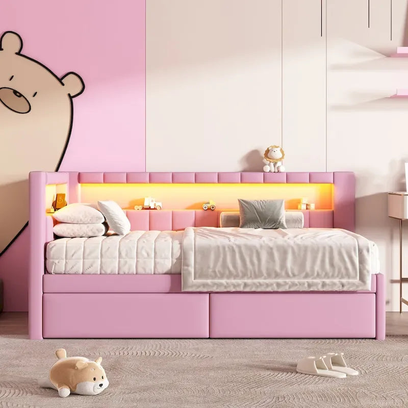Upholstered Platform Bed with USB Ports & LED Lighting - Full/Twin Size Bed Frame with 2 Storage Drawers - Modern Bedroom 20