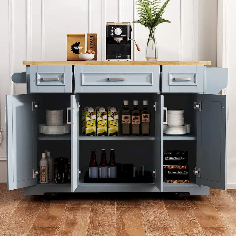 54  Large Kitchen Island with Rubber Wood Drop Leaf, Embossed Texture Rolling Kitchen Cart on 4 Wheels with 4 Doors & 3 Drawers 28