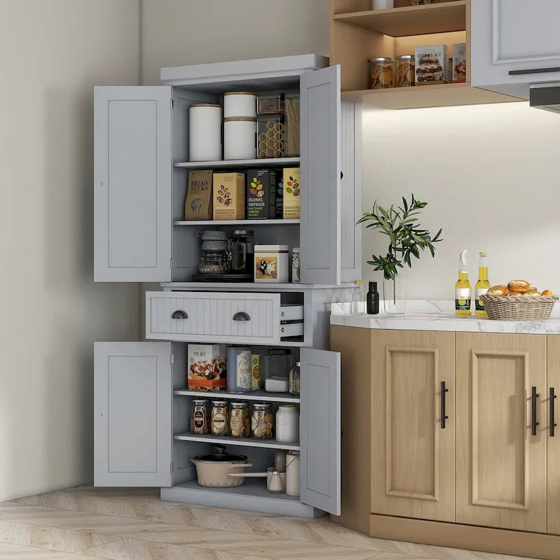 72 Kitchen Pantry Storage Cabinet, Traditional Freestanding Cabinet with 4 Doors and 3 Adjustable Shelves, Large Central Drawer 3