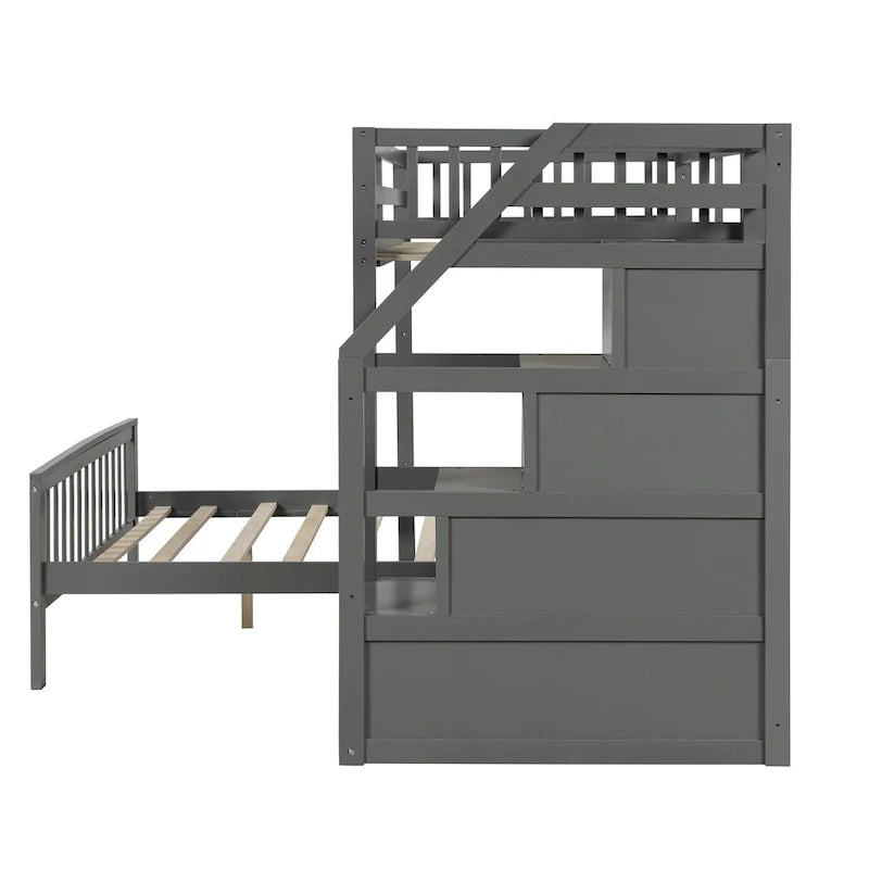 Twin Over Full Wood Loft Bed with Staircase,High Guardrails and Ladder 20