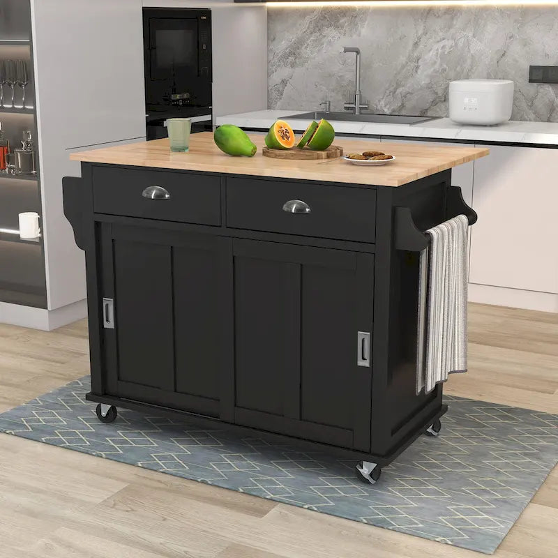 Kitchen Cart with Rubber wood Drop-Leaf Countertop, Concealed sliding barn door adjustable height,Kitchen Island on 4 Wheels 3
