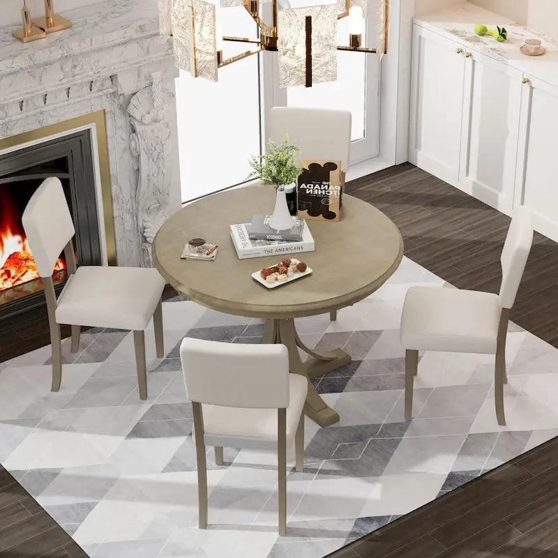 Taupe Retro 5-Piece Wooden Dining Table Set with Curved Trestle Table & 4 Chairs 4
