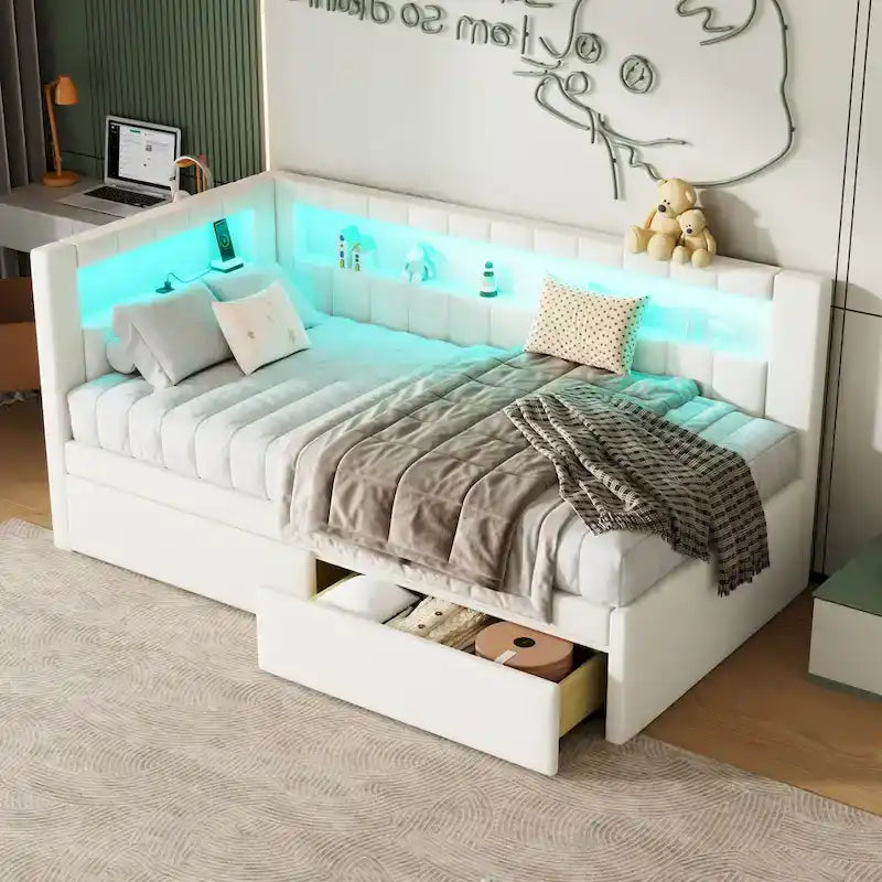 Upholstered Platform Bed with USB Ports & LED Lighting - Full/Twin Size Bed Frame with 2 Storage Drawers - Modern Bedroom 5