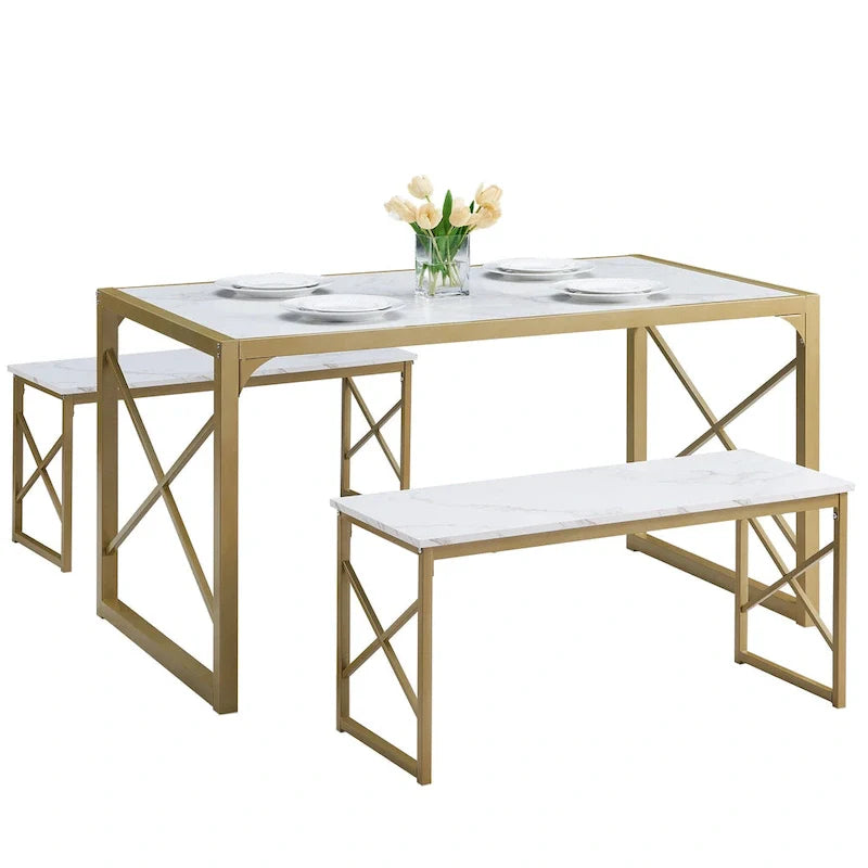 VECELO Tavolo da Pranzo 3 Pezzi con Panca, Set Tavolo da Pranzo per 4-6 Posti, Tavolo da Cucina con 2 Panche, Set Tavolo da Pranzo 37