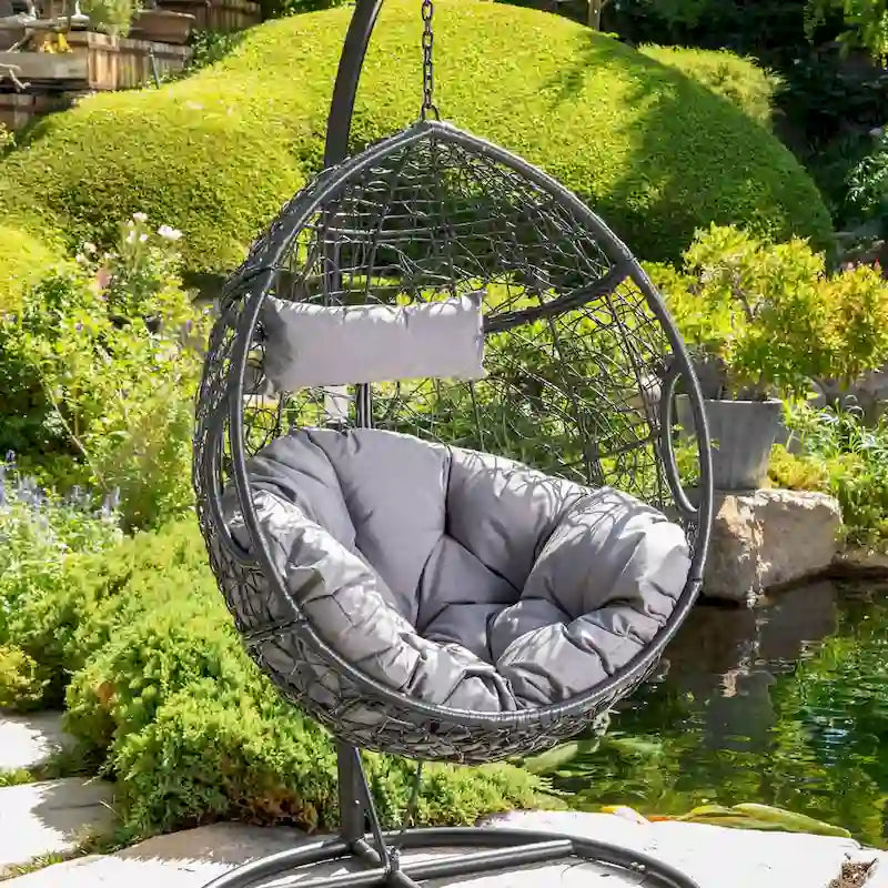 Waterproof Outdoor Wicker Hanging Basket Chair with Cushions, Hammock Seat - 300 lbs Capacity 7