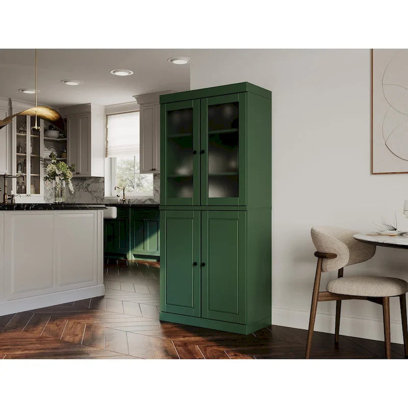 100% Solid Wood Pantry Cabinet with Frosted Glass Doors, Solid Doors, 2-Drawers and Adjustable Shelves 39