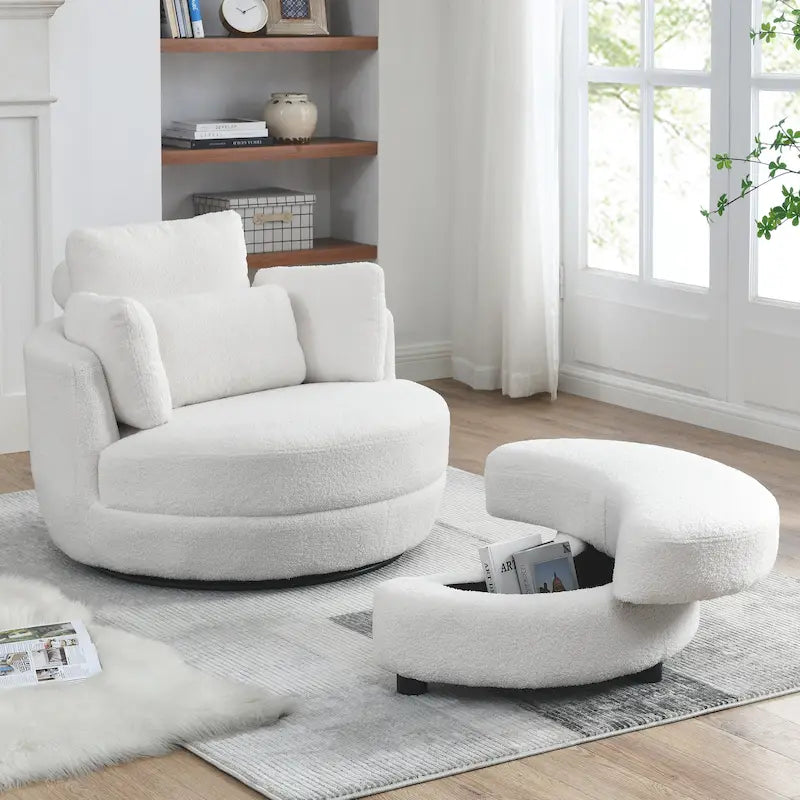 Oversized Swivel Cuddle Barrel Chair with moon storage ottoman 8