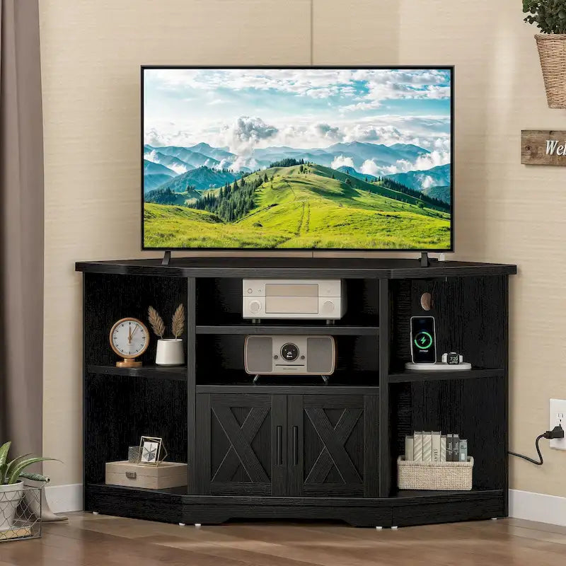 Farmhouse Corner TV Stand Entertainment Center Media Console for TVs up to 55 with Power Outlet 17