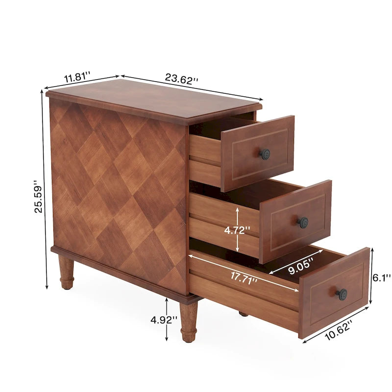 Tavolino stretto completamente assemblato, tavolino in legno massello con 3 cassetti, comodino sottile vintage per piccoli spazi 19