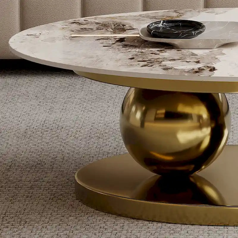 Tavolino da caffè ovale moderno Pandora 51 con piano in pietra sinterizzata lucida, tavolino da caffè di lusso, gambe in acciaio inossidabile per soggiorno 31