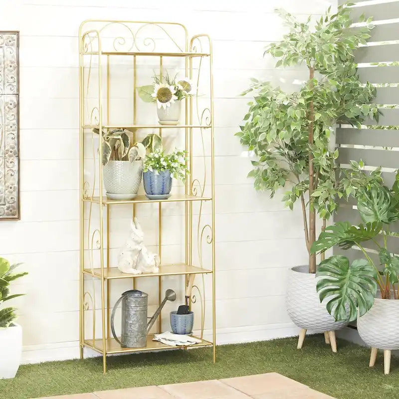 Metal Scroll Indoor Outdoor Tall Folding 5 Shelves Bakers Rack - Gold or White - Roche River Decor 3