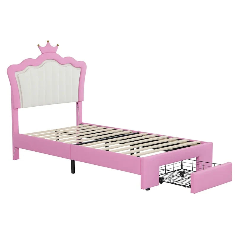 Twin Size Upholstered Bed Frame with LED Lights, Modern Upholstered Princess Bed with Crown Headboard, a Drawer, Pink+White 7