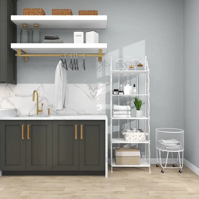 Metal Scroll Indoor Outdoor Tall Folding 5 Shelves Bakers Rack - Gold or White - Roche River Decor 29