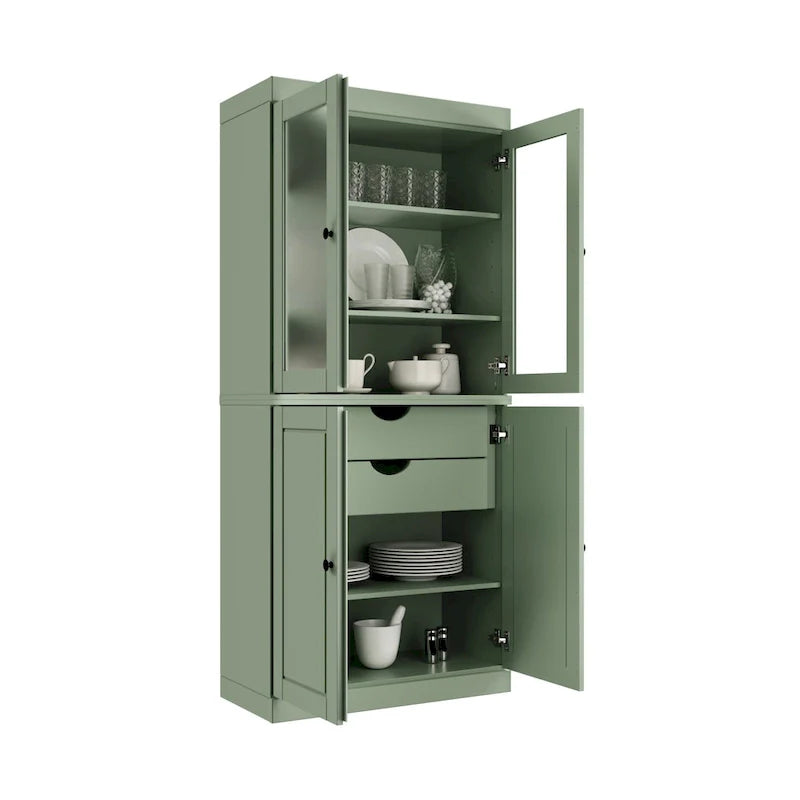 100% Solid Wood Pantry Cabinet with Frosted Glass Doors, Solid Doors, 2-Drawers and Adjustable Shelves 19