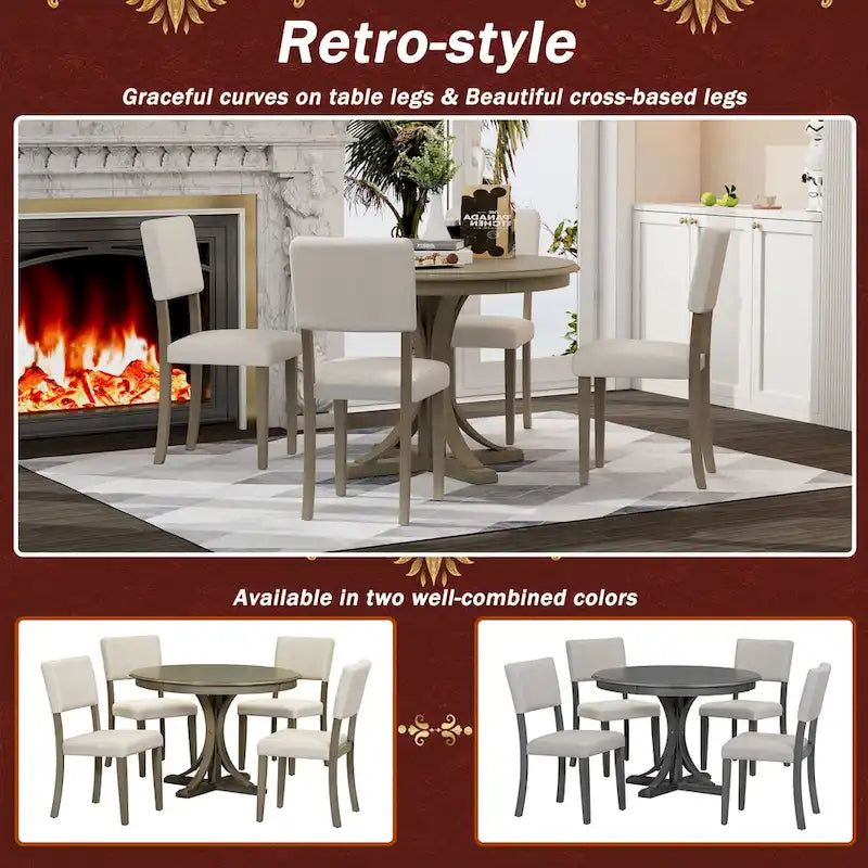 Taupe Retro 5-Piece Wooden Dining Table Set with Curved Trestle Table & 4 Chairs 6