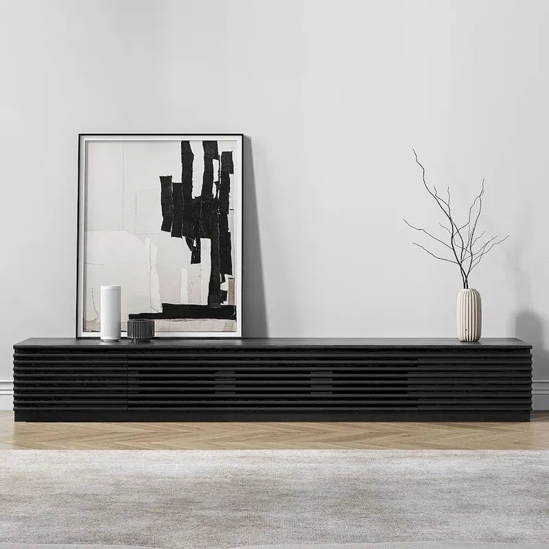 Minimalist TV Stand with DrawersSolid Wood Media Console with Cabinets, Flip-down Door, Walnut Veneer, Fully-Assembled 20
