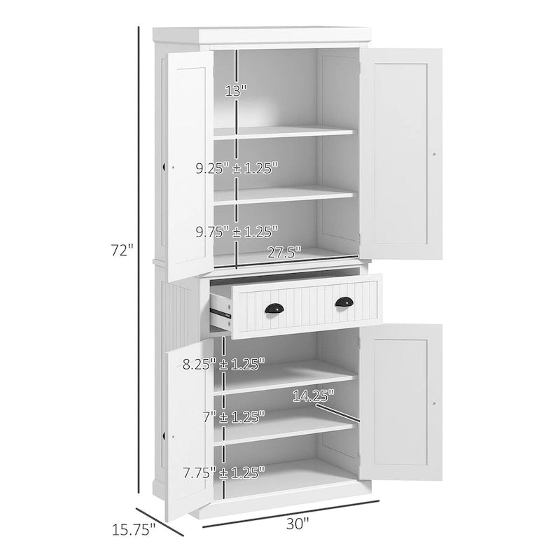 72 Kitchen Pantry Storage Cabinet, Traditional Freestanding Cabinet with 4 Doors and 3 Adjustable Shelves, Large Central Drawer 15