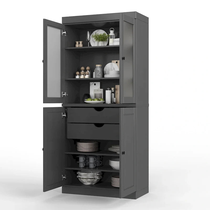 100% Solid Wood Pantry Cabinet with Frosted Glass Doors, Solid Doors, 2-Drawers and Adjustable Shelves 28