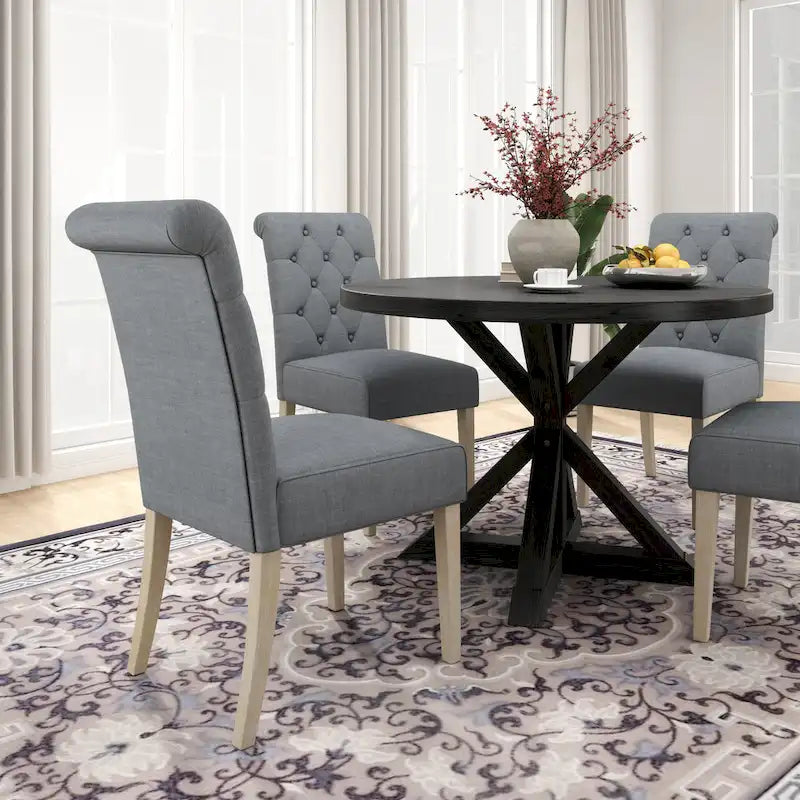 5 Piece Dining Table Set, Wooden Kitchen Furniture Set, Round Table with Cross-Buck Pedestal Base and 4 Tufted Chairs 19