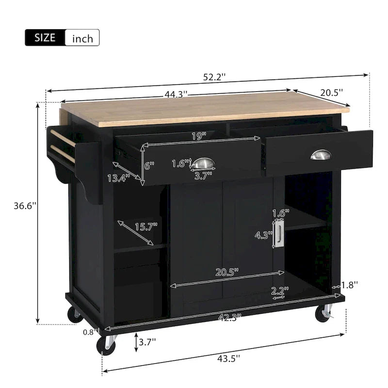 Kitchen Cart with Rubber wood Drop-Leaf Countertop, Concealed sliding barn door adjustable height,Kitchen Island on 4 Wheels 7