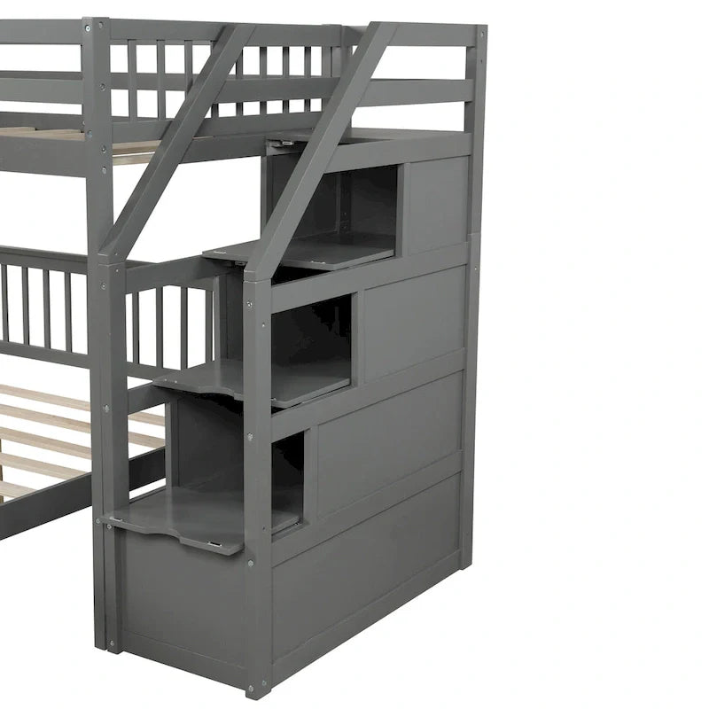 Twin Over Full Wood Loft Bed with Staircase,High Guardrails and Ladder 24