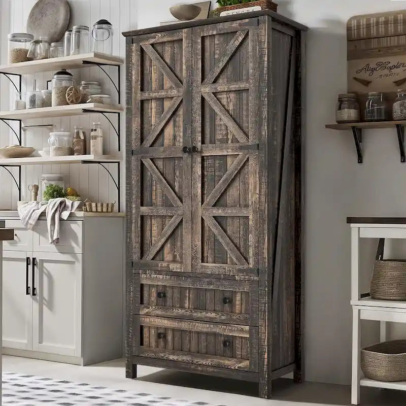 64 Farmhouse Tall Kitchen Pantry Storage Cabinet with 2 Drawers & Doors 23