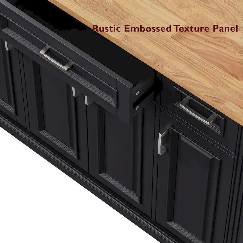 54  Large Kitchen Island with Rubber Wood Drop Leaf, Embossed Texture Rolling Kitchen Cart on 4 Wheels with 4 Doors & 3 Drawers 15