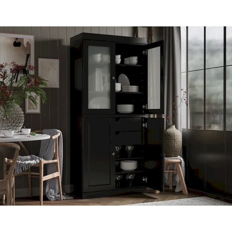 100% Solid Wood Pantry Cabinet with Frosted Glass Doors, Solid Doors, 2-Drawers and Adjustable Shelves 33