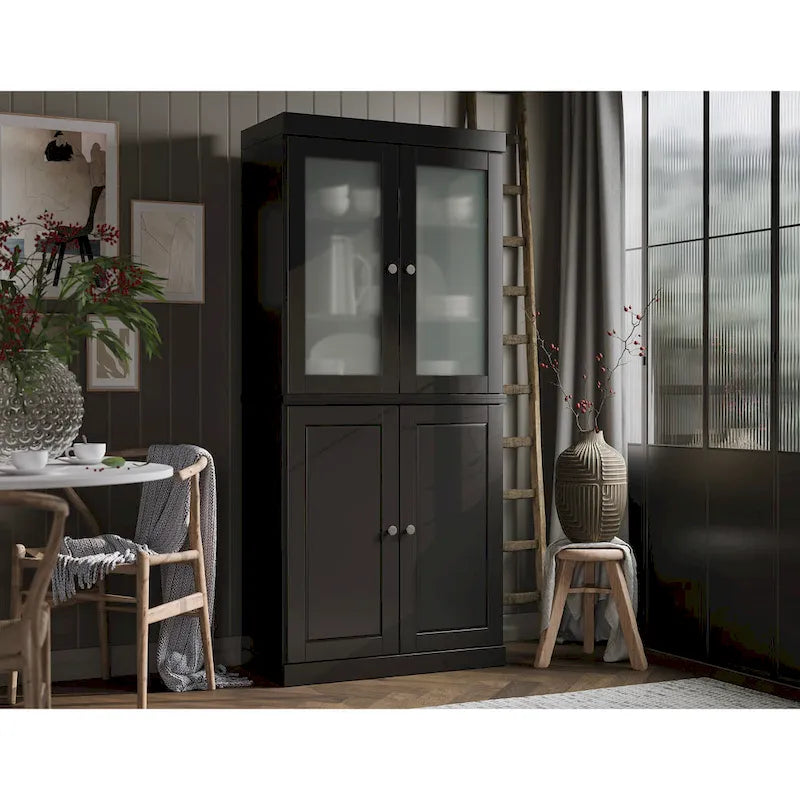 100% Solid Wood Pantry Cabinet with Frosted Glass Doors, Solid Doors, 2-Drawers and Adjustable Shelves 34