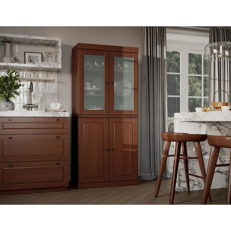 100% Solid Wood Pantry Cabinet with Frosted Glass Doors, Solid Doors, 2-Drawers and Adjustable Shelves 24