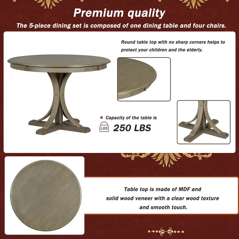 Taupe Retro 5-Piece Wooden Dining Table Set with Curved Trestle Table & 4 Chairs 7