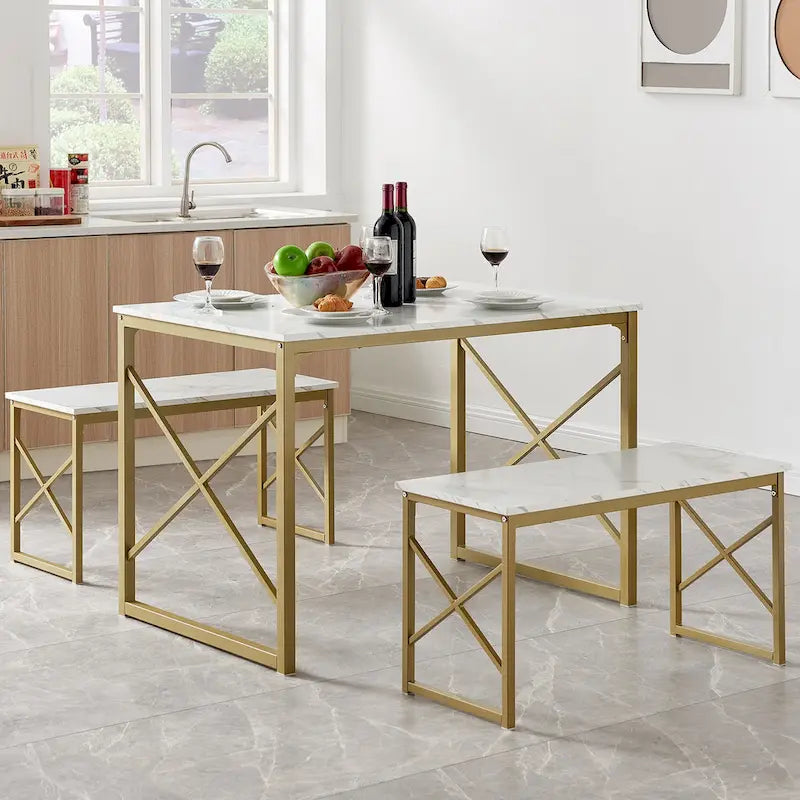 VECELO Tavolo da Pranzo 3 Pezzi con Panca, Set Tavolo da Pranzo per 4-6 Posti, Tavolo da Cucina con 2 Panche, Set Tavolo da Pranzo 29