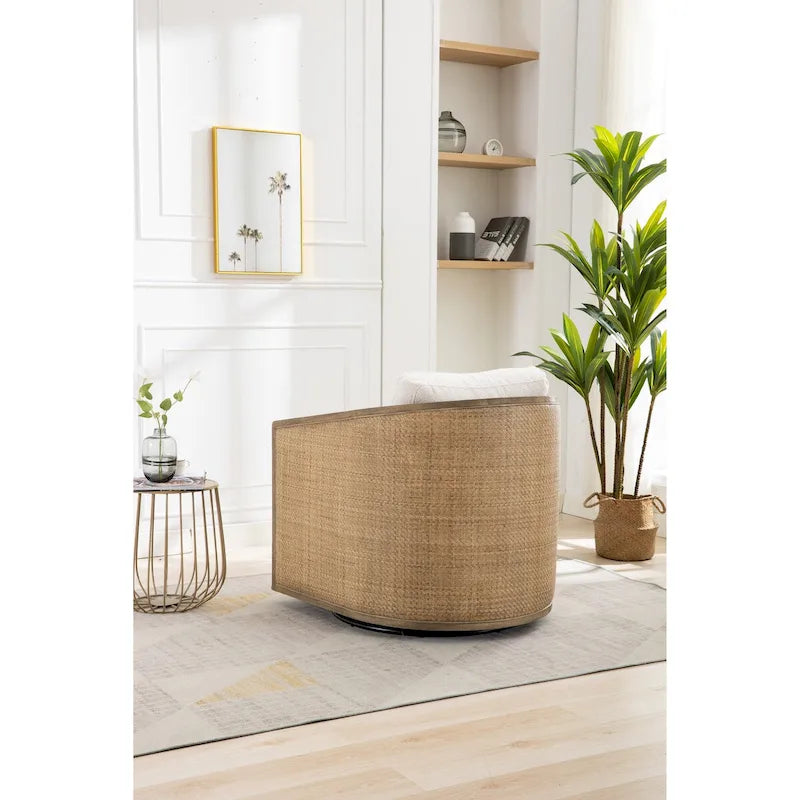 Poltrona a botte girevole, comoda poltrona rotonda d'accento, poltrona club a botte girevole a 360 gradi, poltrona relax con struttura in rattan intrecciato 5