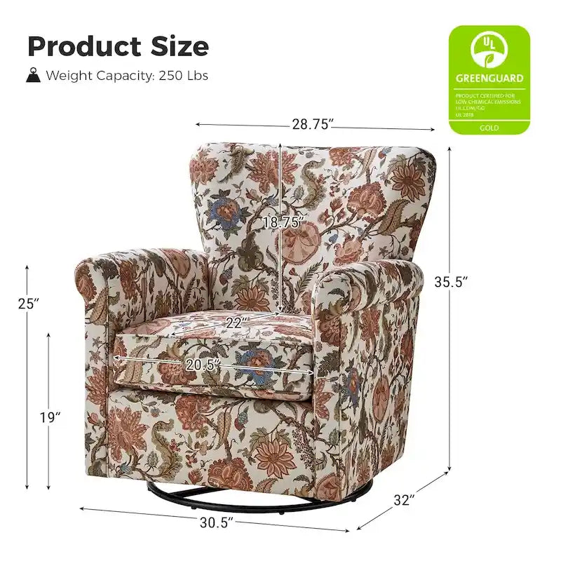 Georg Comfortable Floral Fabric Swivel Rocker Chair with Rolled Armrest by HULALA HOME 30