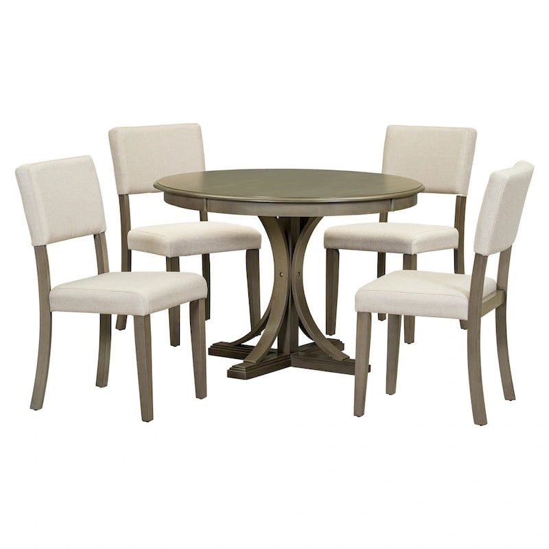 Taupe Retro 5-Piece Wooden Dining Table Set with Curved Trestle Table & 4 Chairs 10