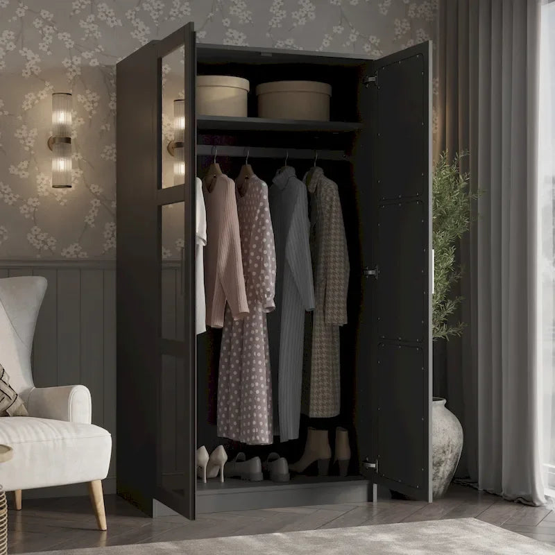 Palace Imports 100% Solid Wood 2-Door Urban Wardrobe Armoire with Solid and Mirrored Doors 23
