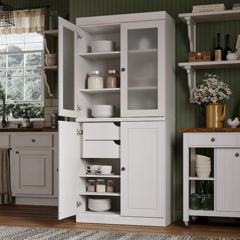 100% Solid Wood Pantry Cabinet with Frosted Glass Doors, Solid Doors, 2-Drawers and Adjustable Shelves 18