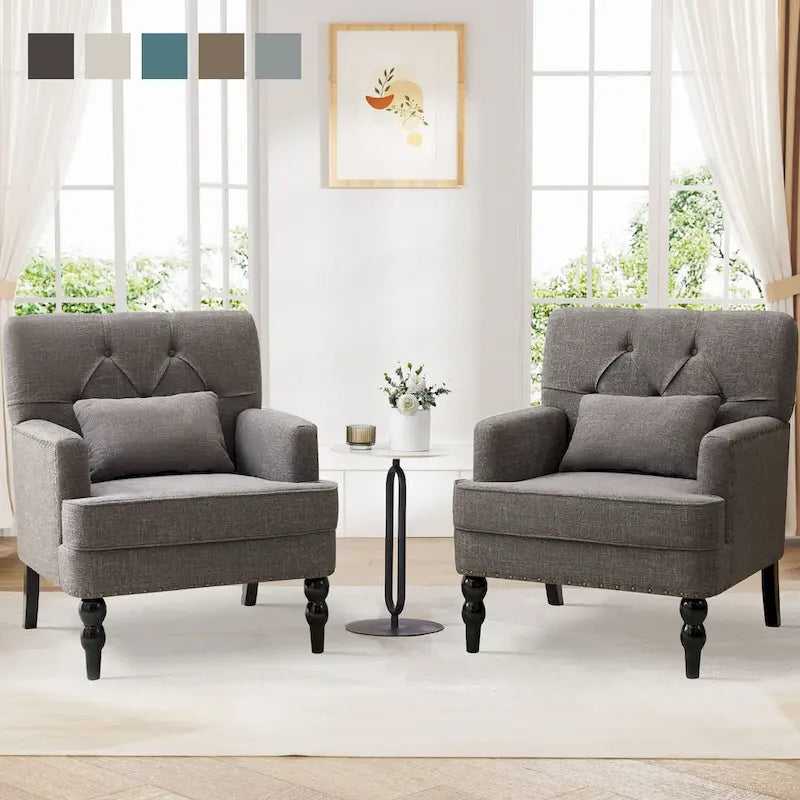 Set of 2 Arm Chair Upholstered Button Tufted Accent Chair with Lumbar Pillow Beige/ Grey/ Light Blue 3