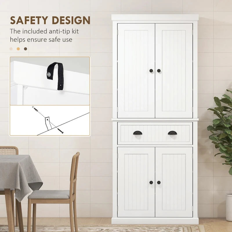 72 Kitchen Pantry Storage Cabinet, Traditional Freestanding Cabinet with 4 Doors and 3 Adjustable Shelves, Large Central Drawer 18