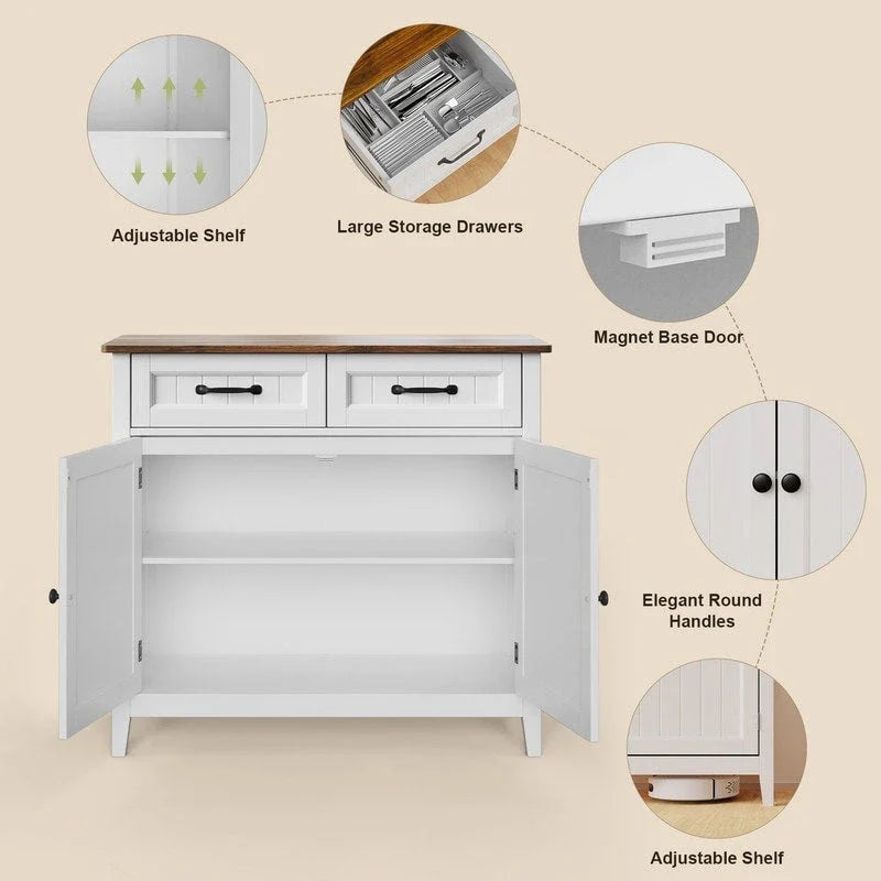 Kitchen Sideboard Buffet Storage Cabinet with 2 Drawers, Coffee Bar Cabinet ,Wood Entryway Cabinet with Double Door Cupboard 12