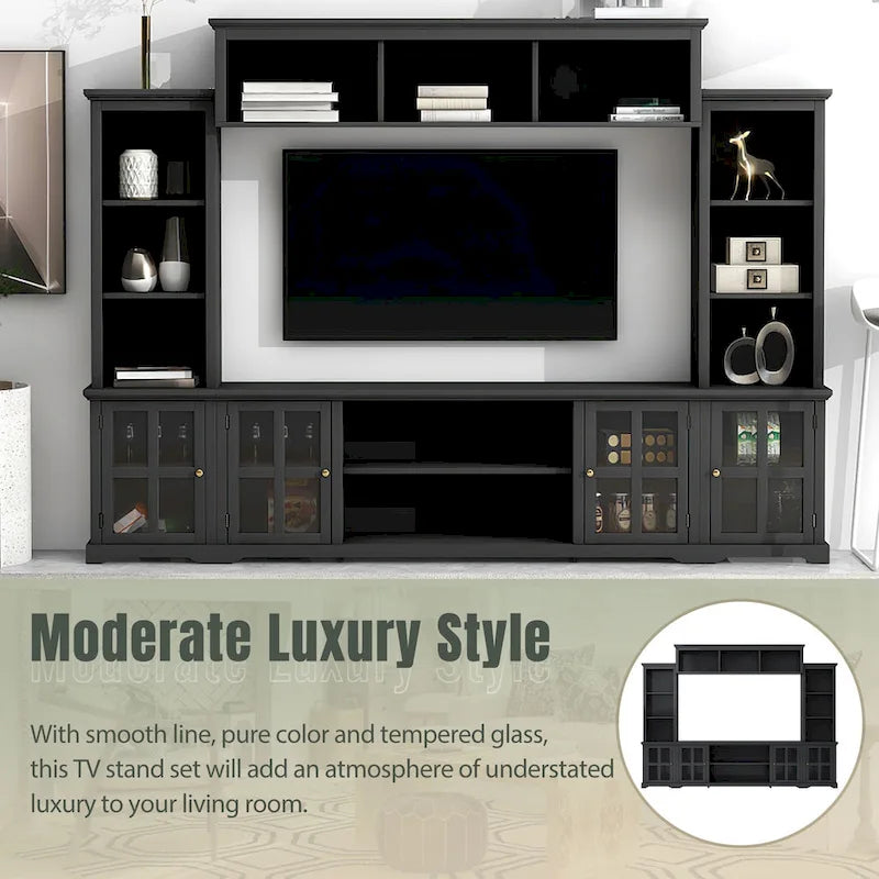Entertainment Wall Unit with Bridge, Tempered Glass Doors for TVs Up to 70 25