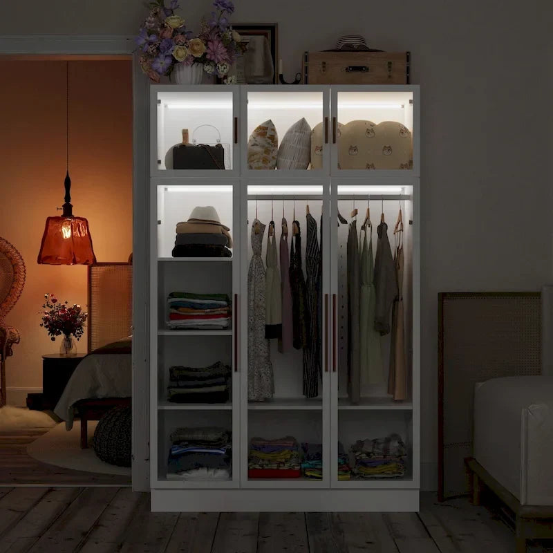 47.2 Wide Armoire LED Light All Glass Door Closet Cabinet Wardrobe 35