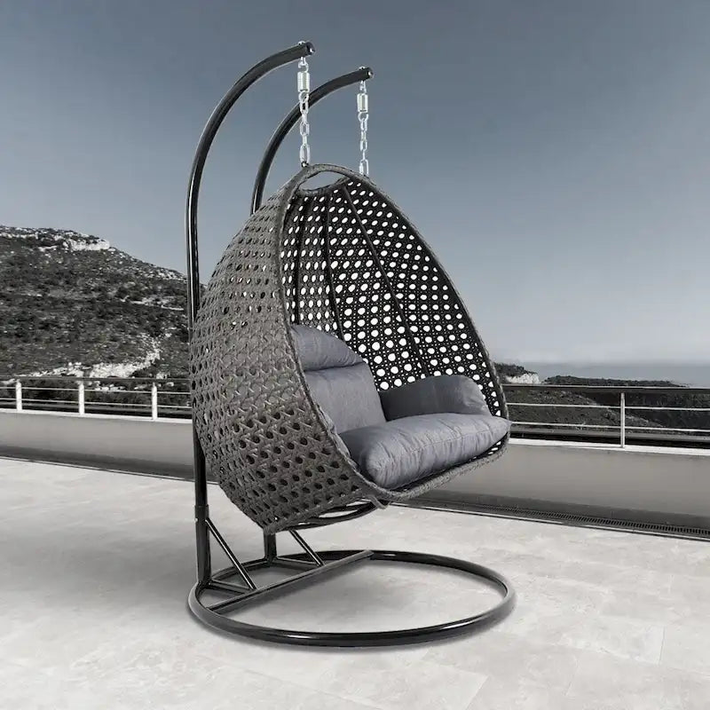 LeisureMod 2 Person Hanging Egg Chair with Stand - Outdoor/Indoor Rattan Wicker Patio Swing Hammock Lounger with Cushions 26
