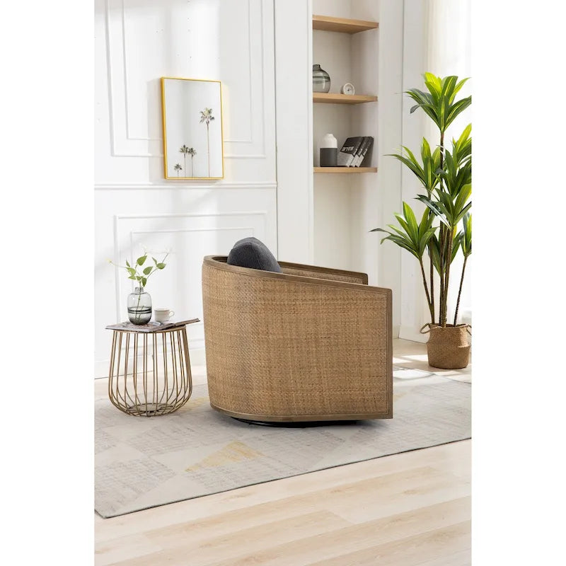 Poltrona a botte girevole, comoda poltrona rotonda d'accento, poltrona club a botte girevole a 360 gradi, poltrona relax con struttura in rattan intrecciato 28