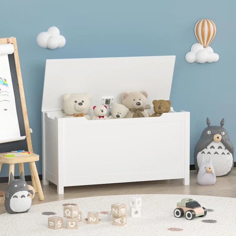 Kids Wooden Toy Box Storage with Safety Hinged Lid for Ages 3+ 4