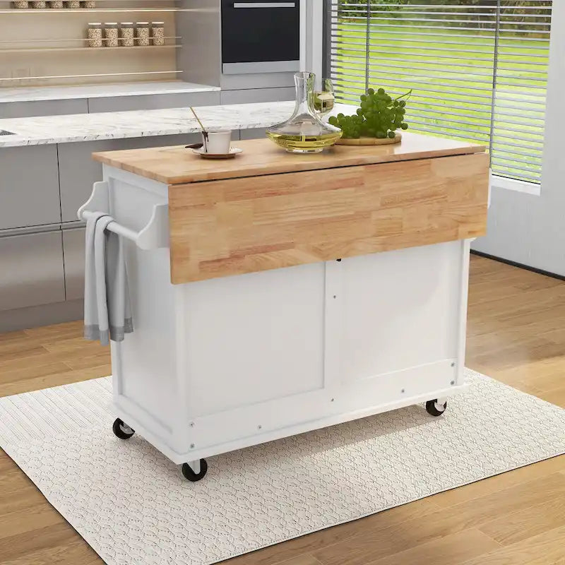 Kitchen Cart with Rubber wood Drop-Leaf Countertop, Concealed sliding barn door adjustable height,Kitchen Island on 4 Wheels 12